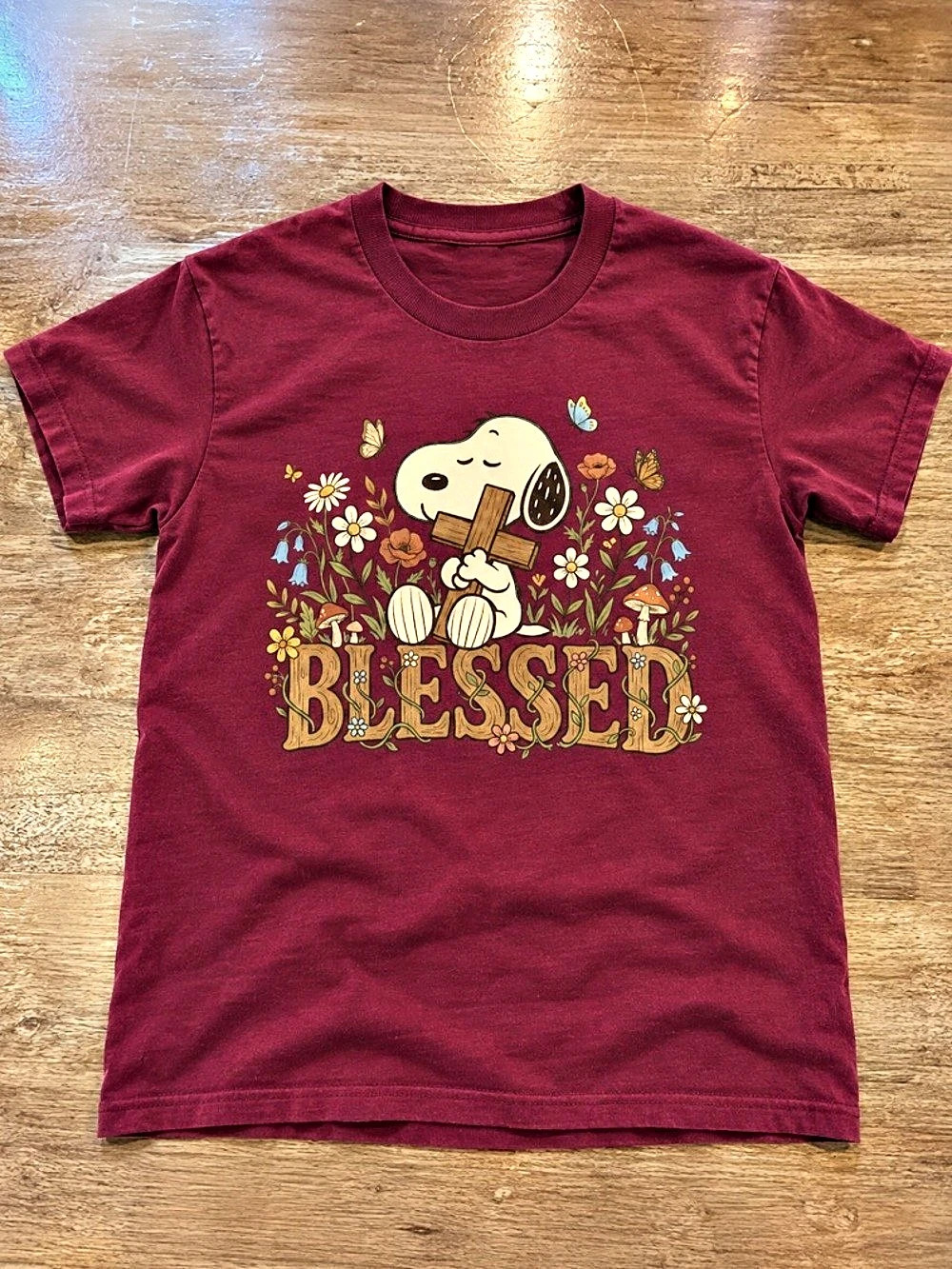 Peanuts Snoopy Blessed Floral Graphic T-Shirt in Maroon Color